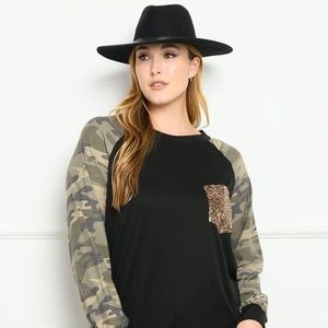 New Junior's Cute Boutique Black camouflage glitter pocket top